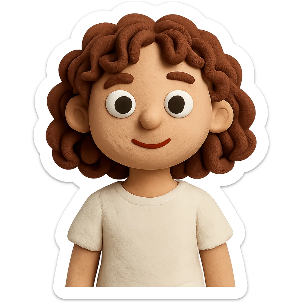 claymation style girl with curly chestnut hair wearing a white t-shirt, no background sticker