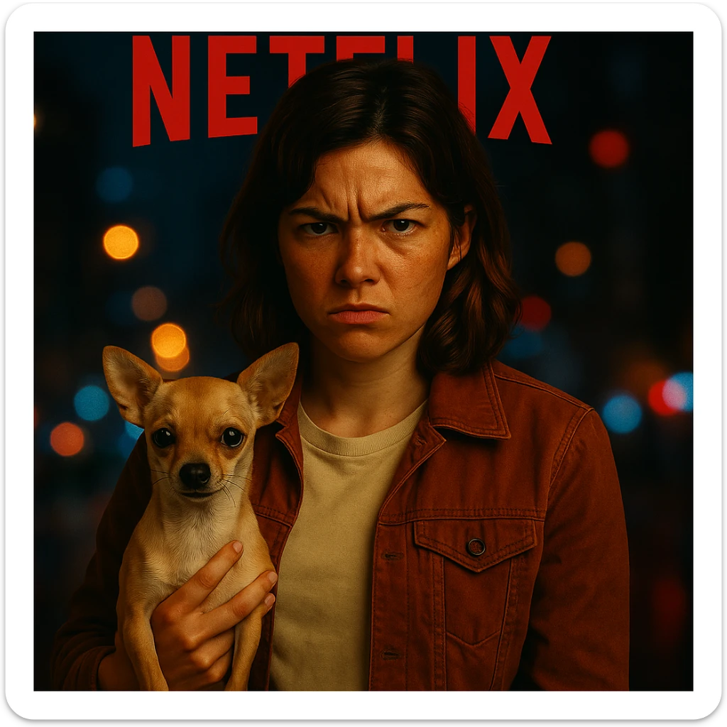Add a blurred urban nighttime background behind the woman and the chihuahua, in the style of a Netflix series poster, keeping all other elements identical. sticker
