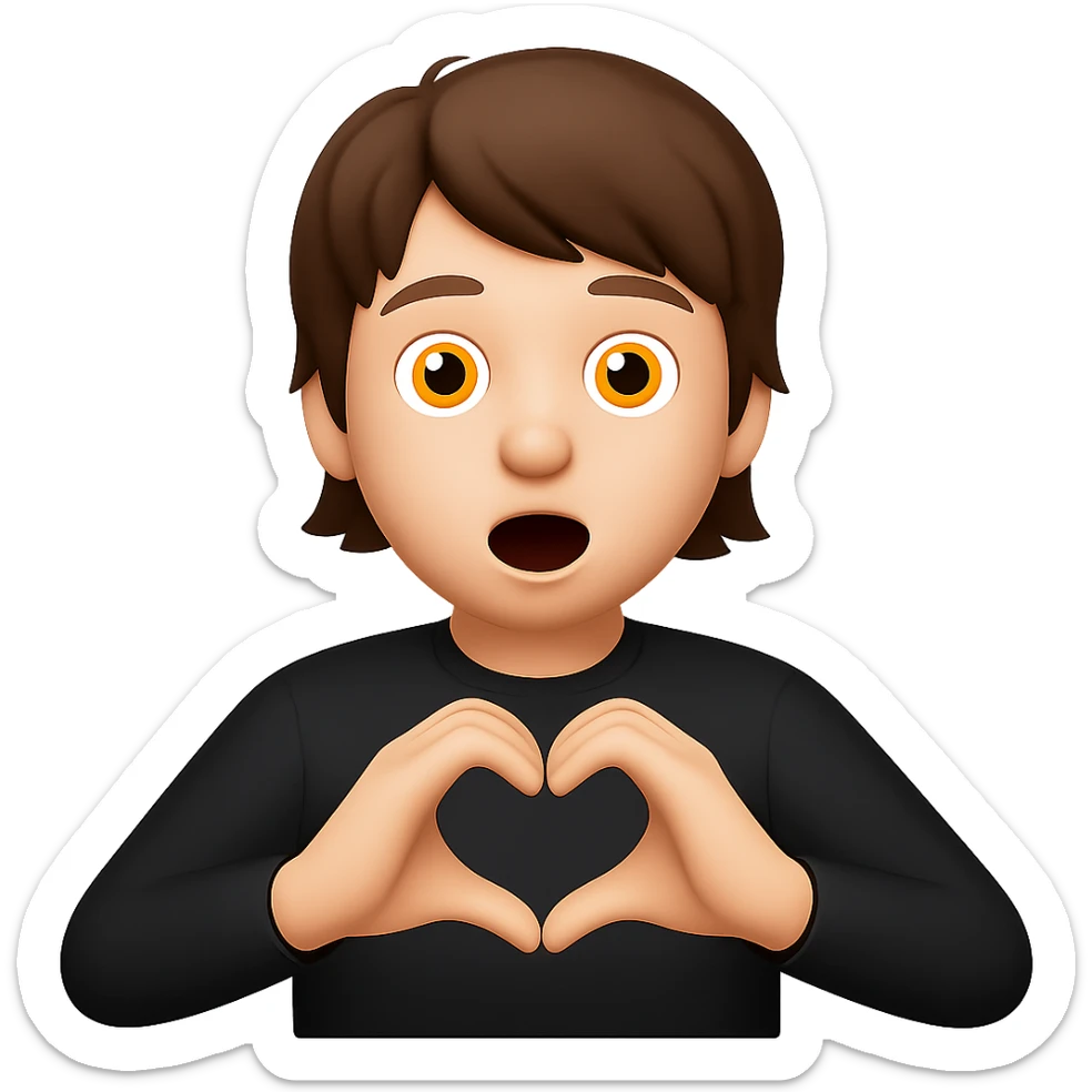 Edit the apple style emoji of a boy with brown hair to have longer hair and his hands forming a heart shape. Keep the boy wearing a black shirt, with wide open eyes and mouth, front view, and no background. Maintain the apple emoji style look. sticker