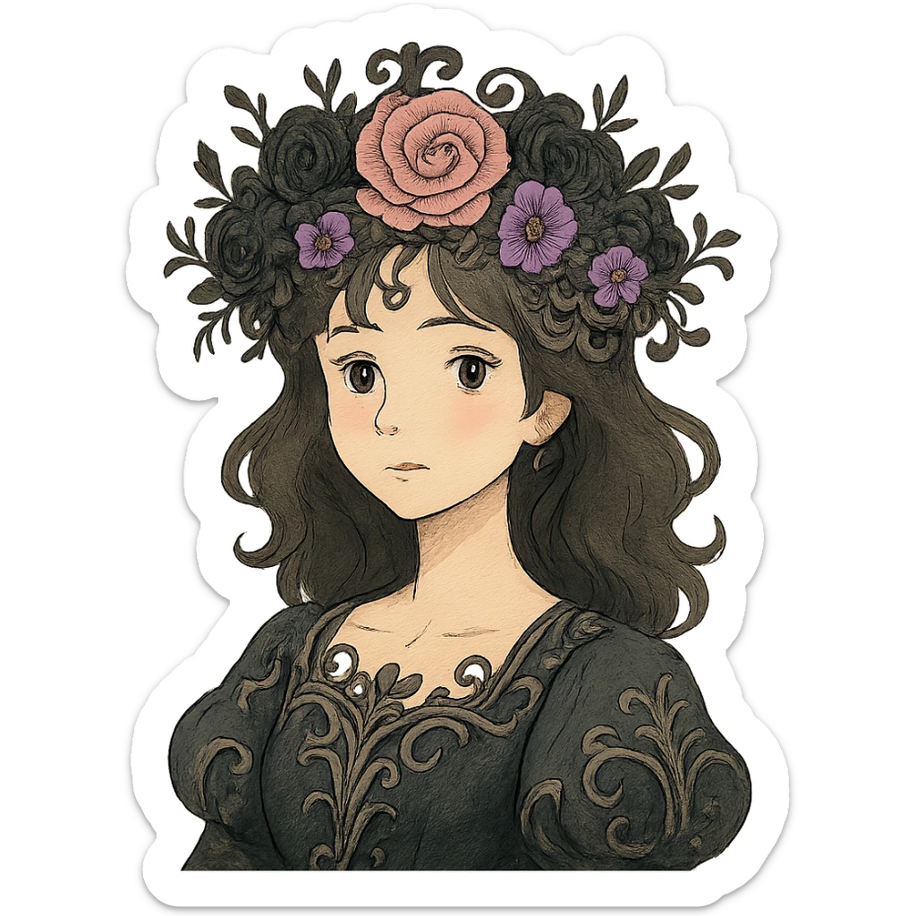 gothic flower crown, mix of black, pink, and purple flowers, ornate details, elegant, whimsical, soft lighting sticker