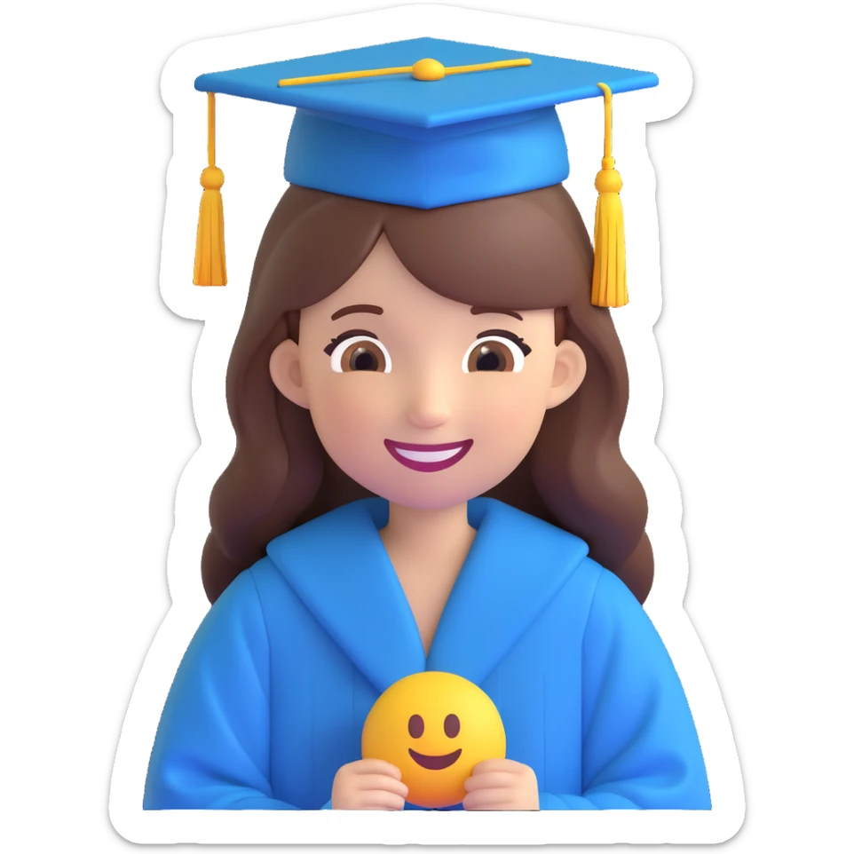 girl with long brown hair in graduation clothes with hat and robe smiling, emoji style sticker