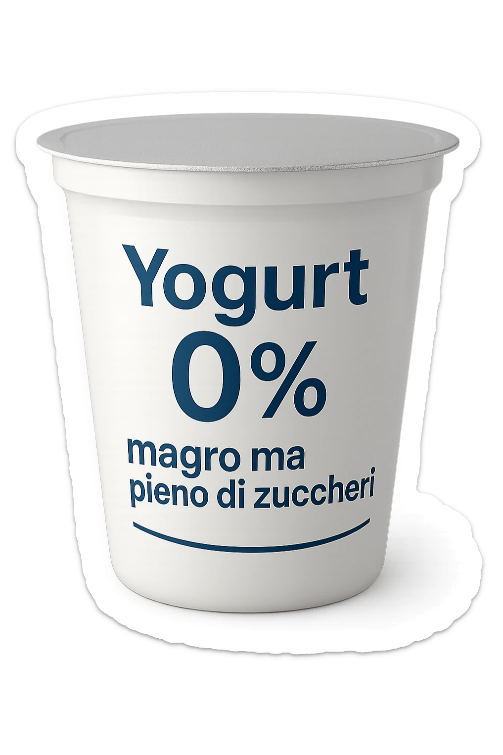 confezione di Yogurt 0% con la scritta "Yogurt 0% magro ma pieno di zuccheri" sull'etichetta sticker