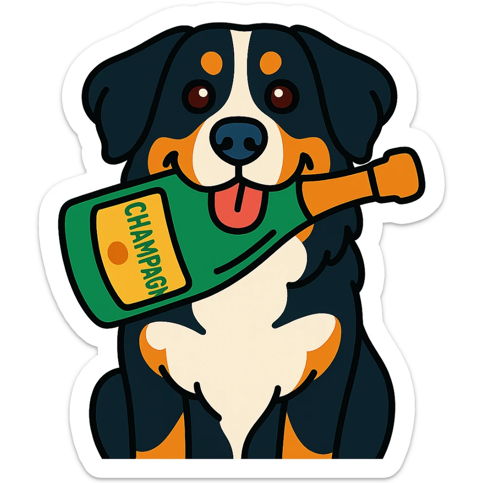 bernese mountain dog with a toy champagne bottle in its mouth, vibrant toon style sticker