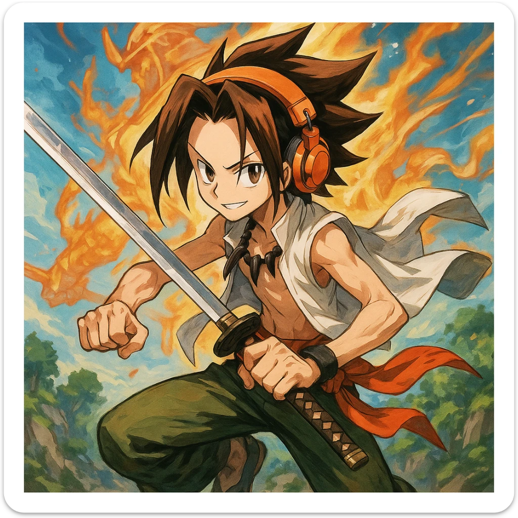 Yoh Asakura, a laid-back anime boy with spiky brown hair, orange headphones, and a samurai spirit, in a dynamic pose, anime style sticker