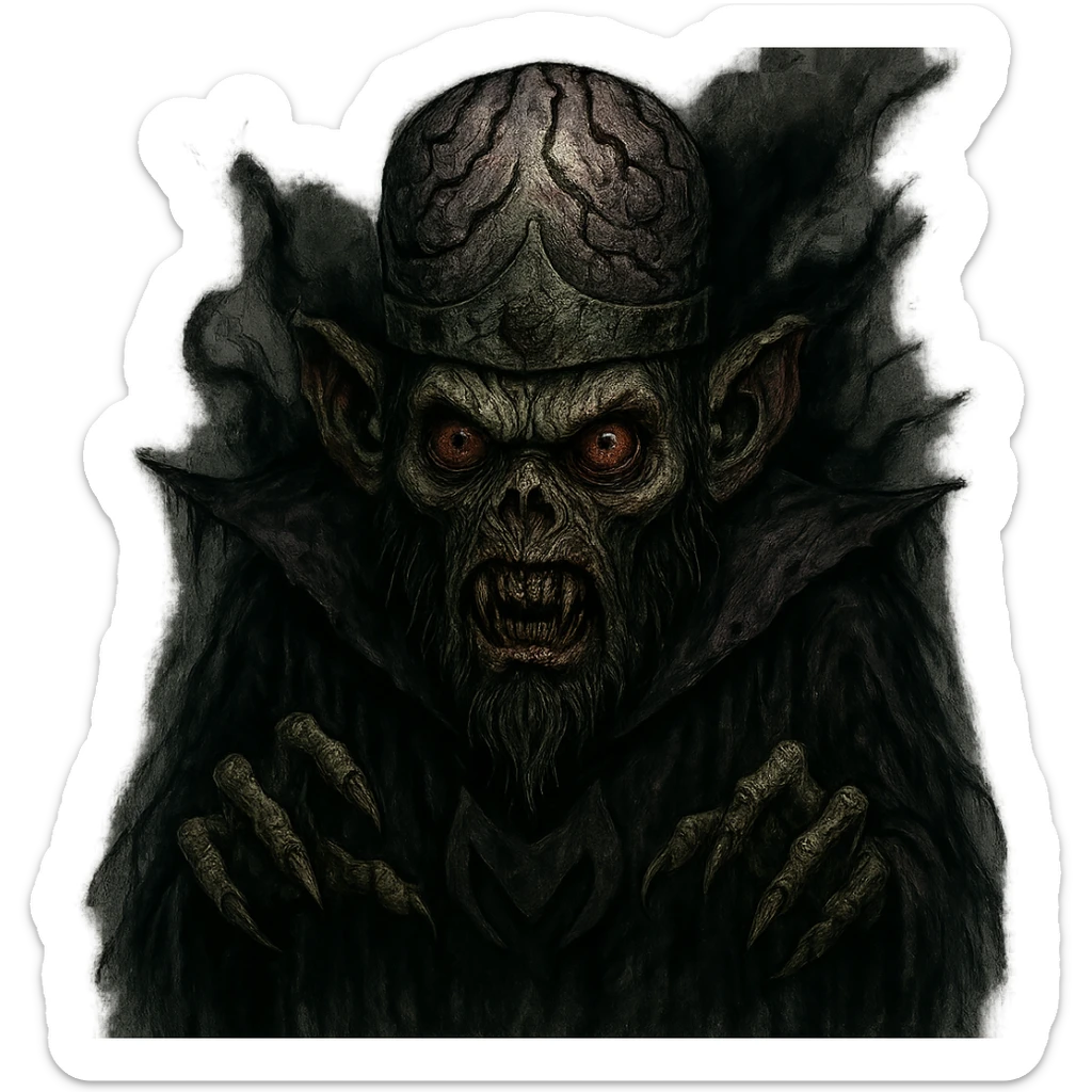 Mojo Jojo from Powerpuff Girls, reimagined in a scary, horror-inspired style, with exaggerated villainous features and a haunting presence, dark and eerie atmosphere sticker