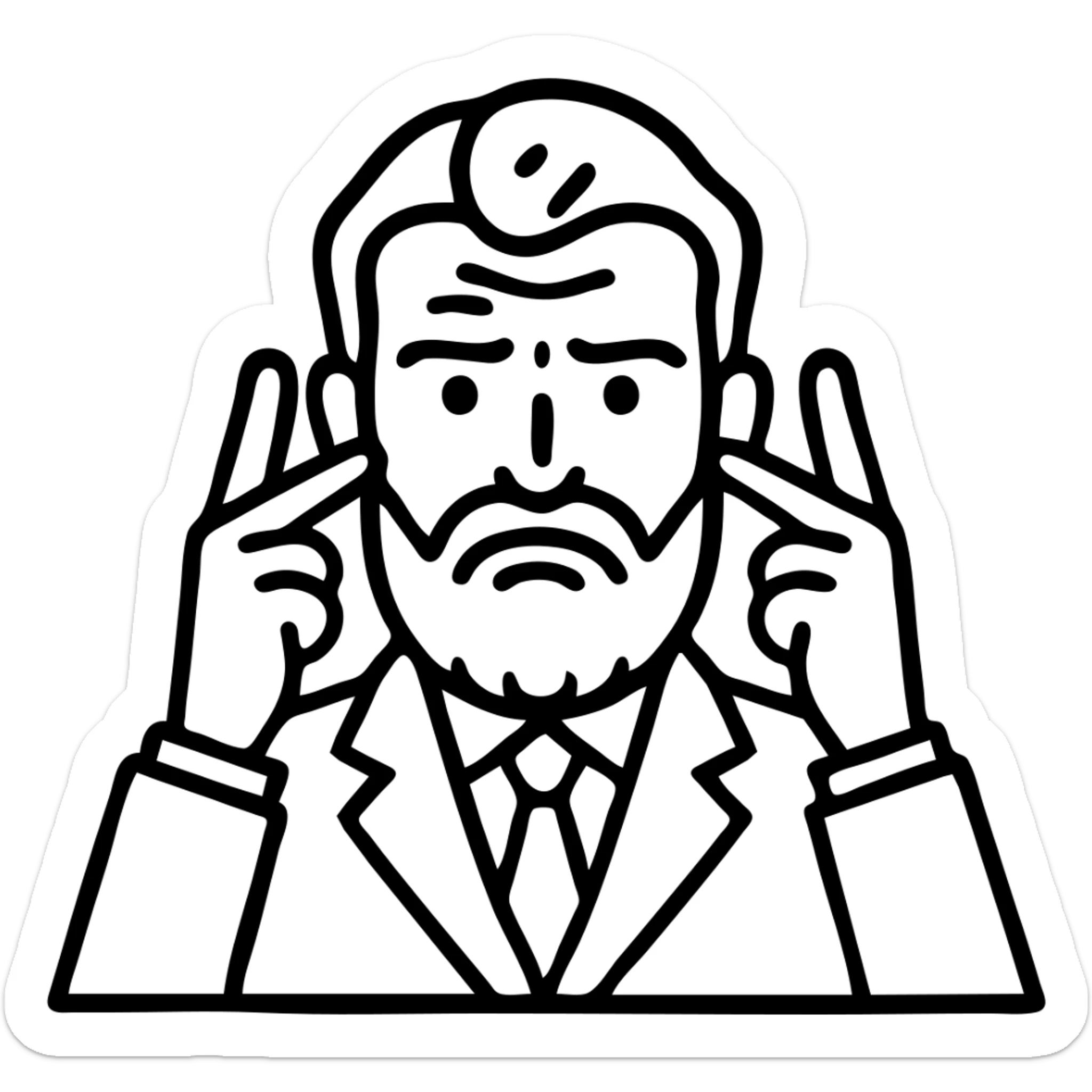 Make the stressed bearded man look older with wrinkles and gray hair. Keep the furrowed brow and gesture. Remove background. sticker