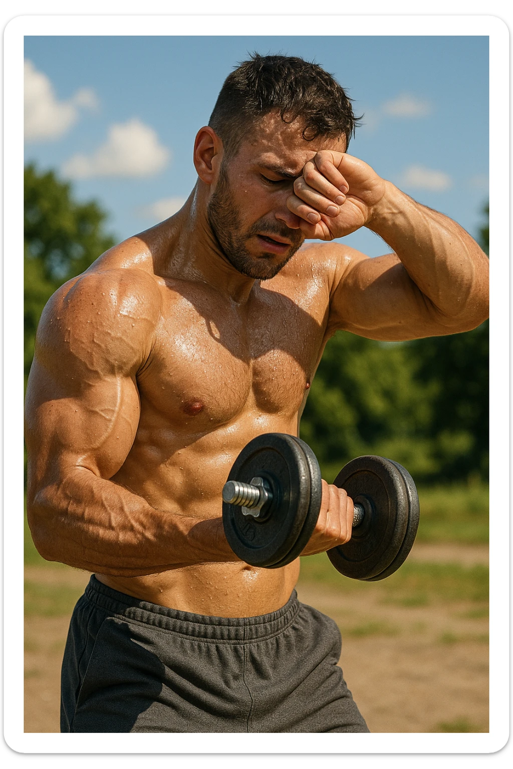 uomo fitness che si allena in estate, tutto sudato, con una mano fa un curl manubri mentre con l'altra mano si asciuga il sudore dalla fronte, espressione affaticata in volto sticker