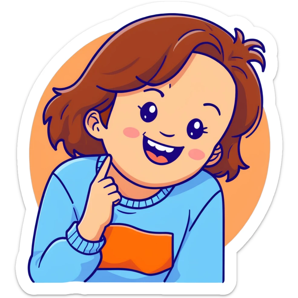 brunette girl with brown hair wearing pastel blue clothes laughing joyfully sticker