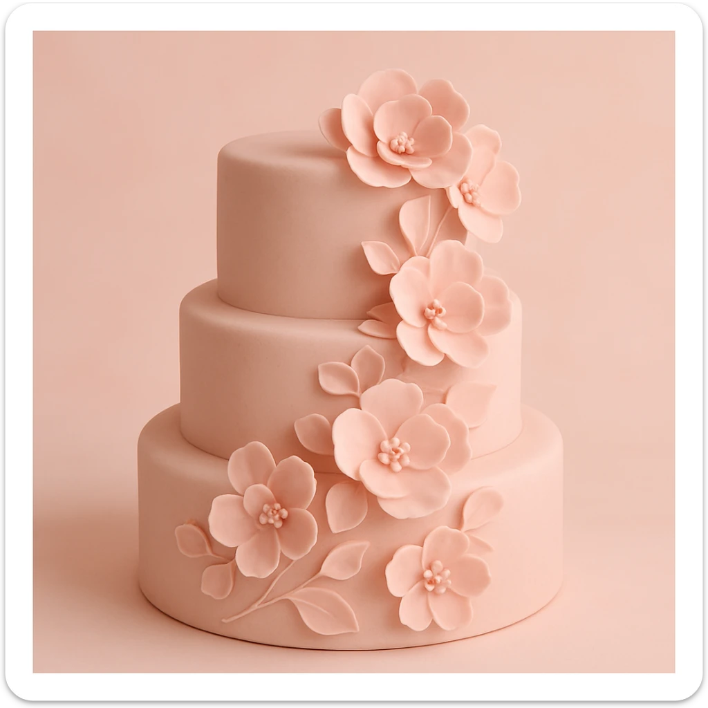 wedding cake with pink fondant flowers and a light pink background sticker