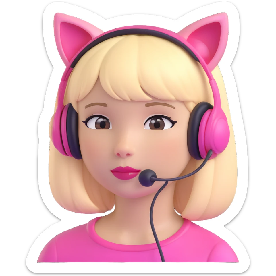 sassy blond girl with straight hair, short bangs, pink kitty-ear headset, pink lips, looking to the side sticker