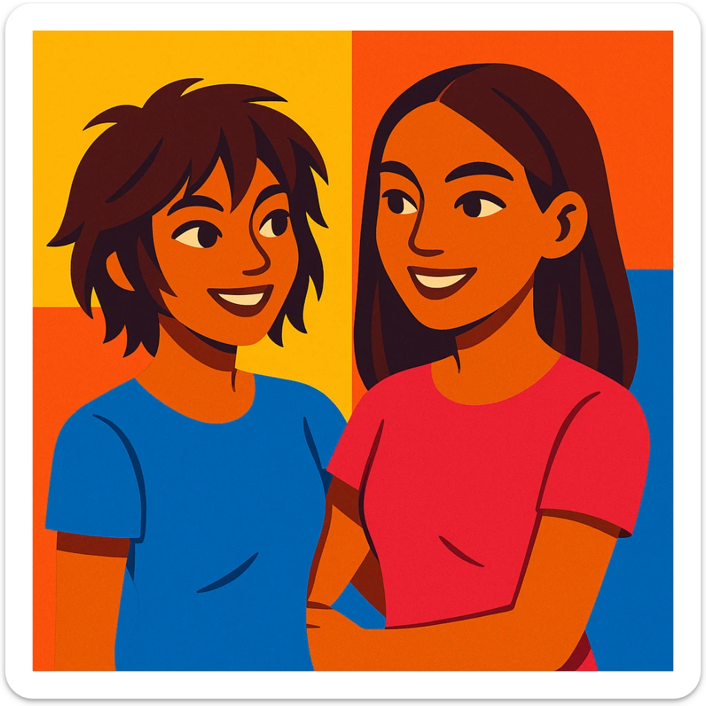 dos chicas, una con pelo corto desmechado en capas hasta la barbilla, castaña, piel morena; la otra con pelo lacio hasta el hombro, castaña, piel morena, estilo vibrant-toon sticker