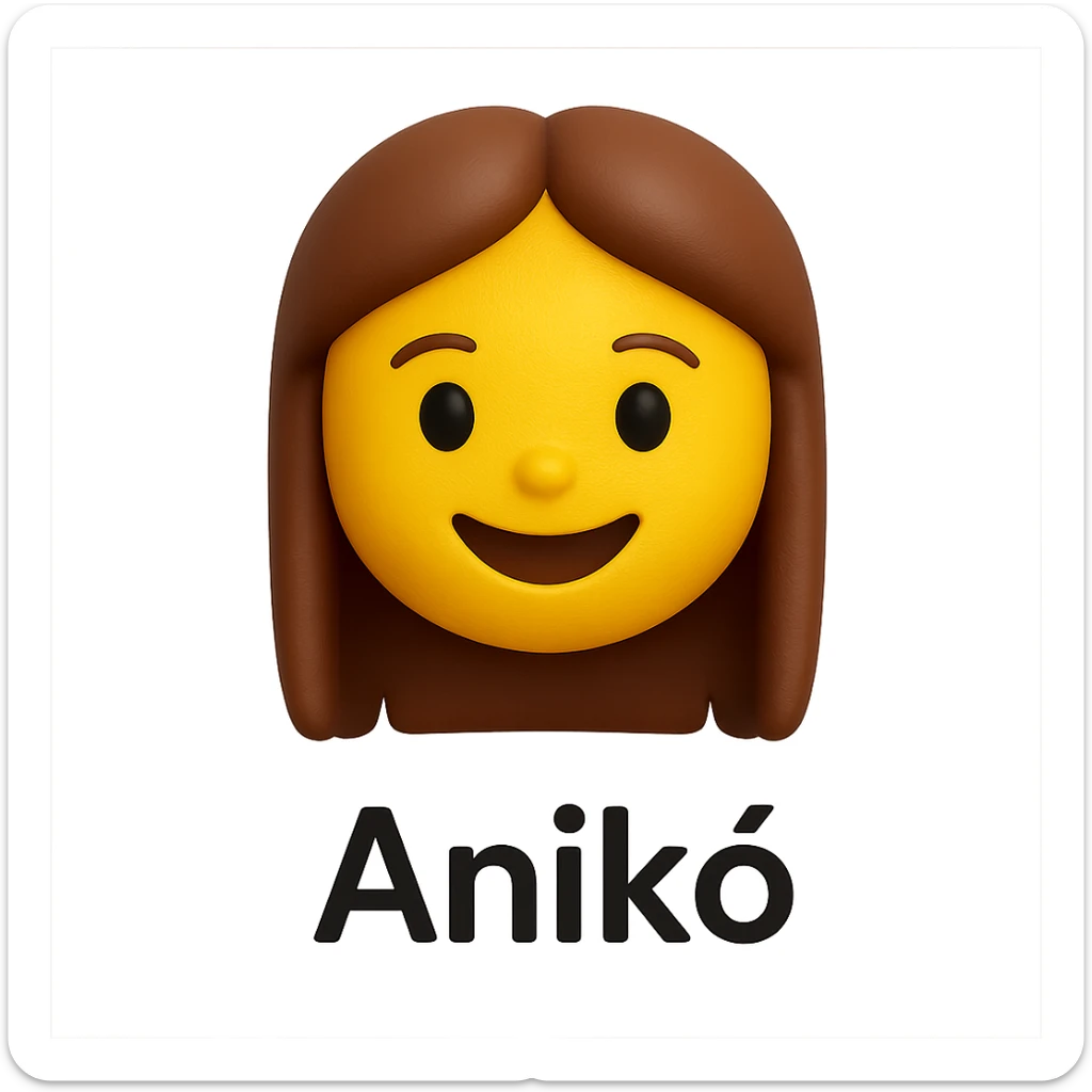 3D smiley emoji, girl style, long hair, smiling face, with the name 'Anikó' below in printed letters sticker