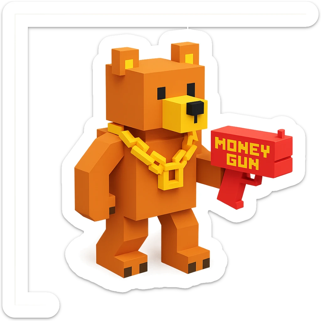 A grizzly bear with a chain and a money gun, facing left sticker