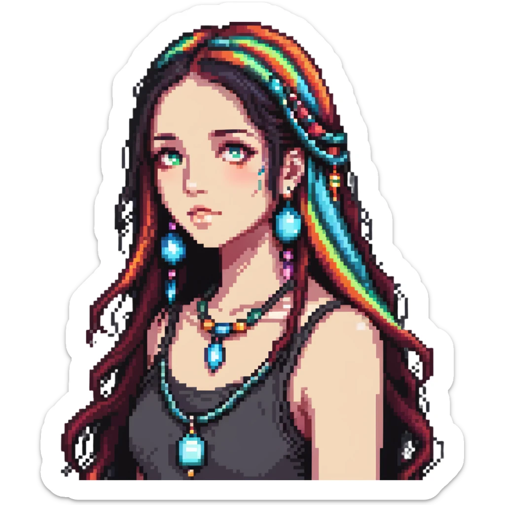 Beautiful girl with metal jewelry, colorful, long hair, dreamy expression sticker