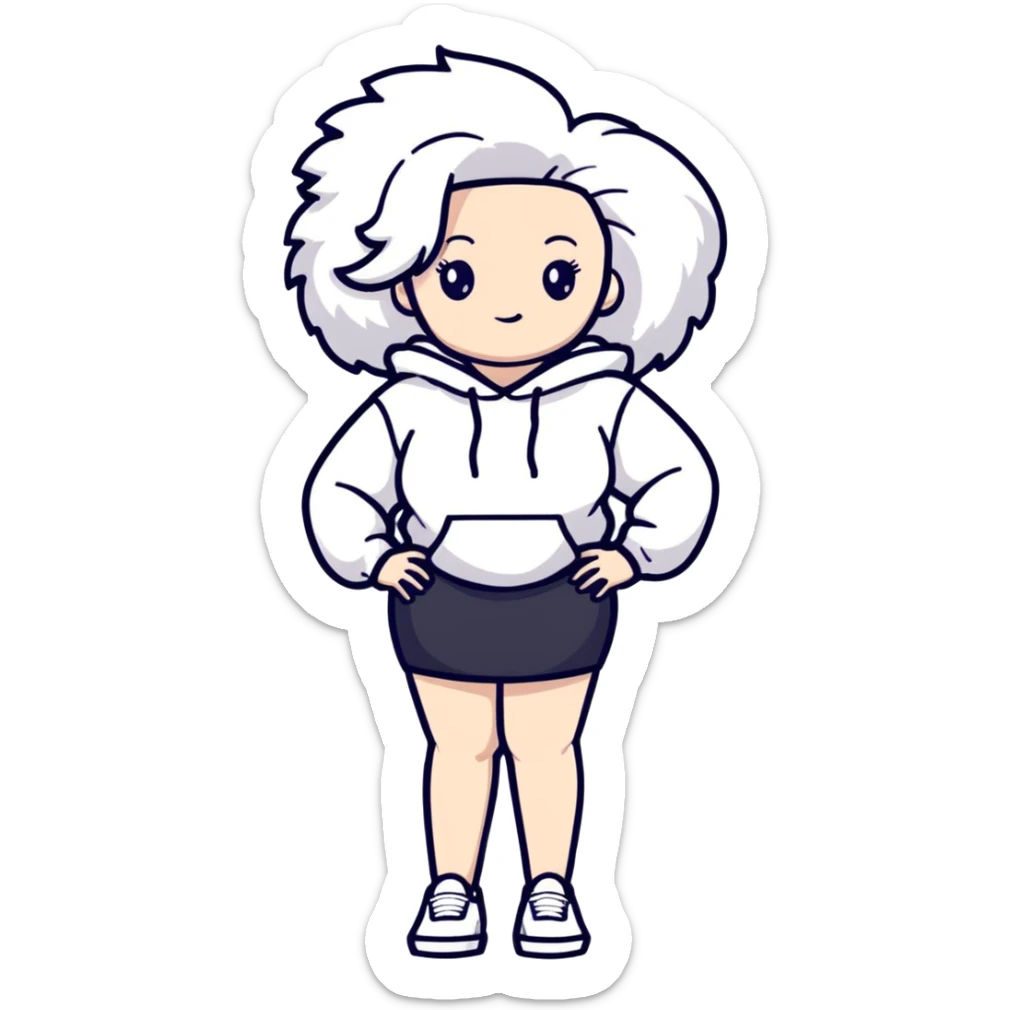 Female with slim hourglass figure, white big hair, wearing white sweatshirt, black skirt, and white shoes, full body pose sticker