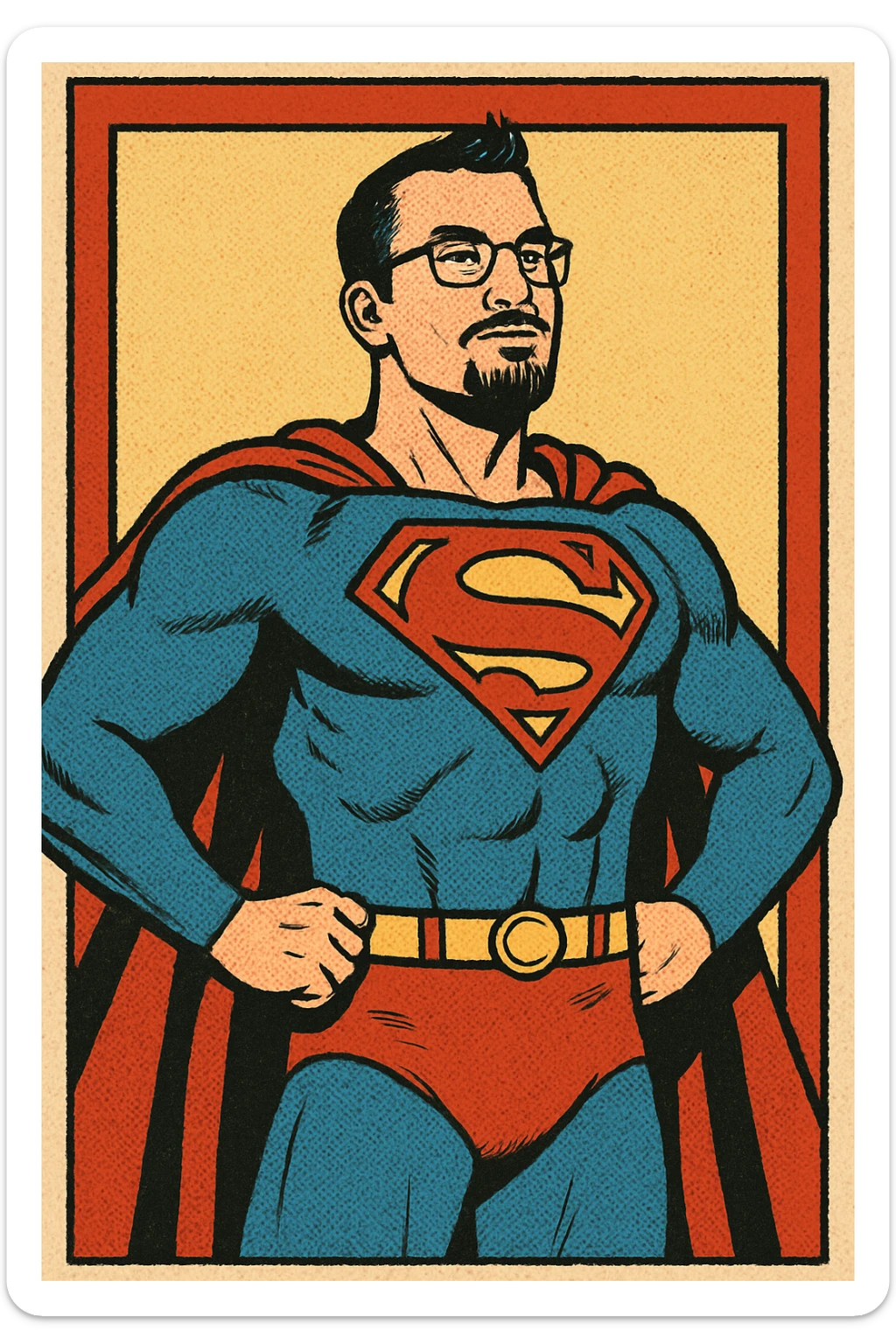 man with short hair, goatee, glasses, superhero costume, standing tall, chest out, classic comic book style sticker