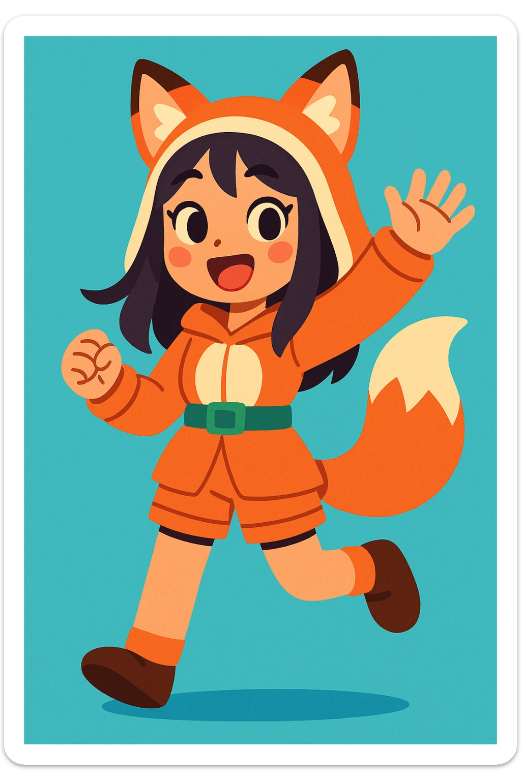 Asian girl with animal ears and tail, therian outfit, cheerful, cute style sticker
