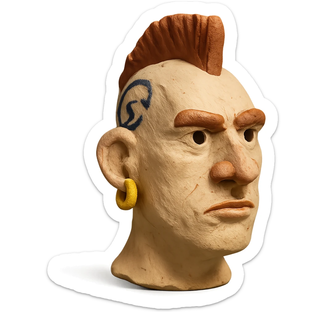 claymation style head of a white man with mohawk, earring, and head tattoo sticker