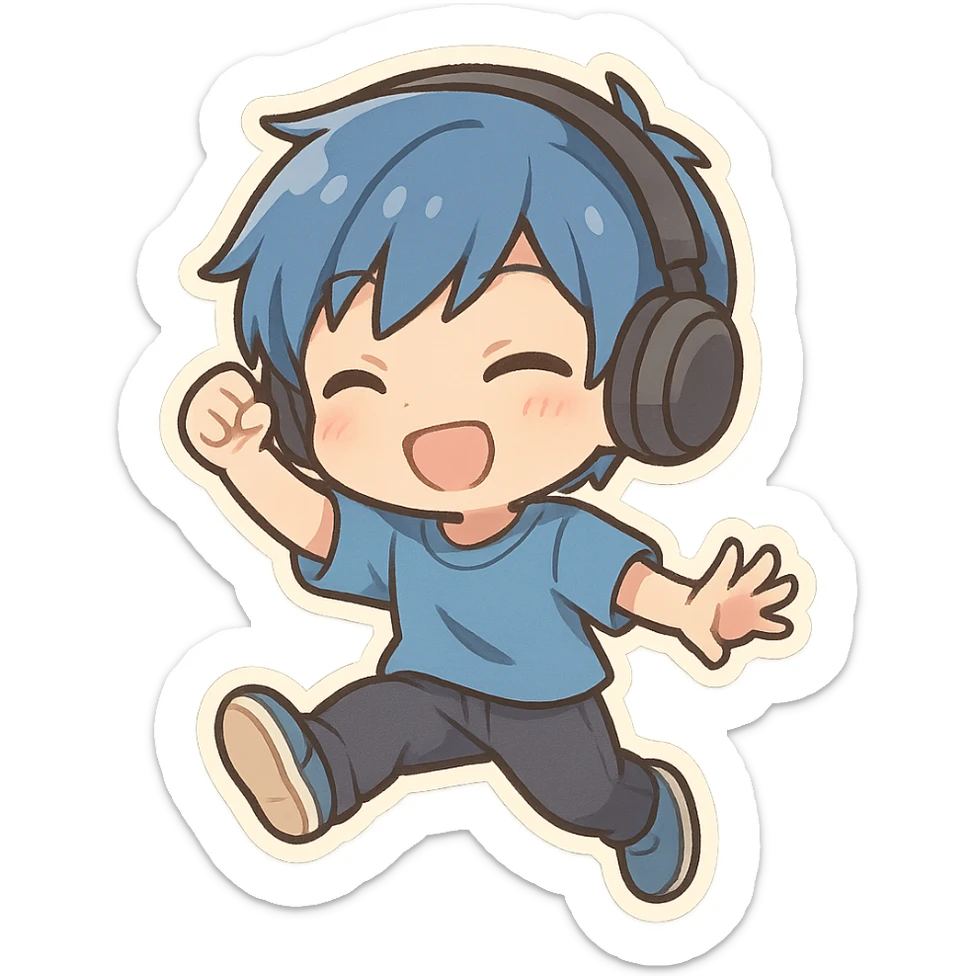 chibi anime boy with blue hair and headphones, playful pose sticker