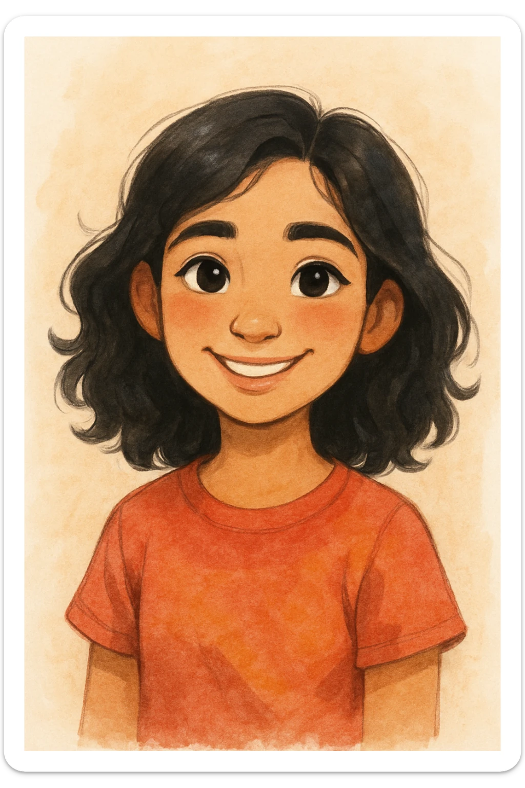a girl with olive skin, black wavy shoulder-length hair, and dark brown eyes, in a friendly and appealing style sticker