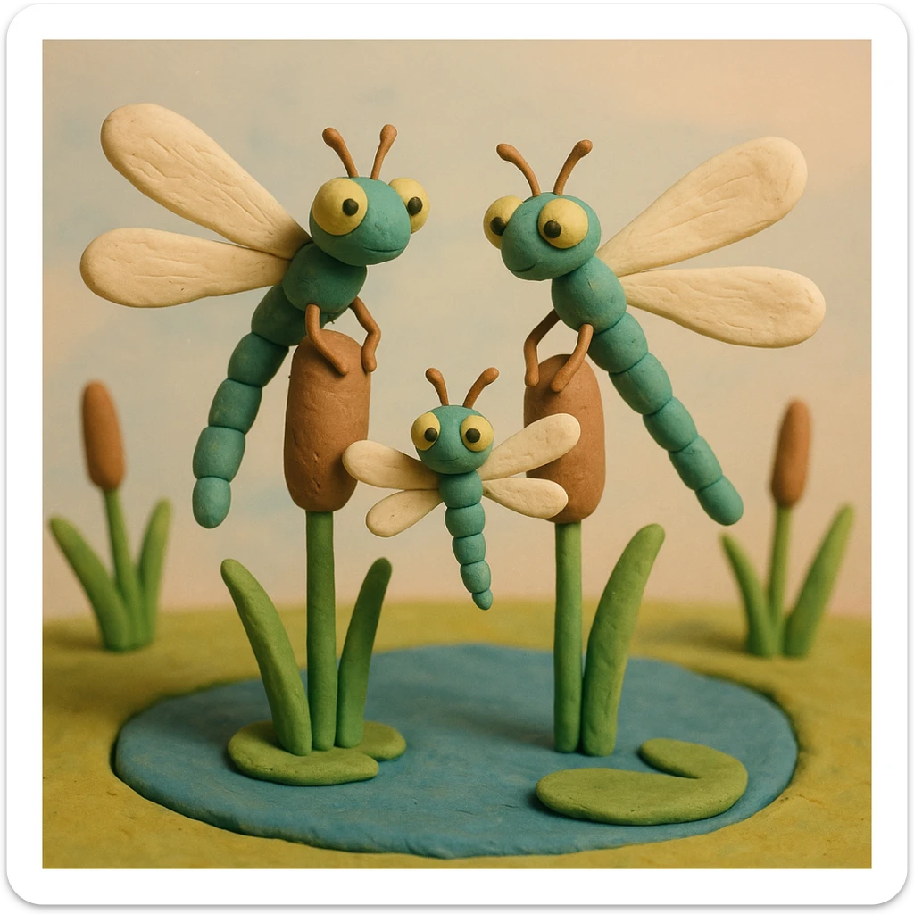 claymation style dragonfly family resting on reeds by a pond, parents and baby dragonflies, pastel background sticker