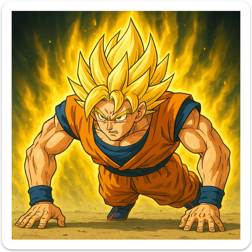 Edit the image of Goku from Dragon Ball Z doing push ups to depict him as Super Saiyan with glowing golden hair and a radiant golden aura, maintaining the same style as the original image. sticker