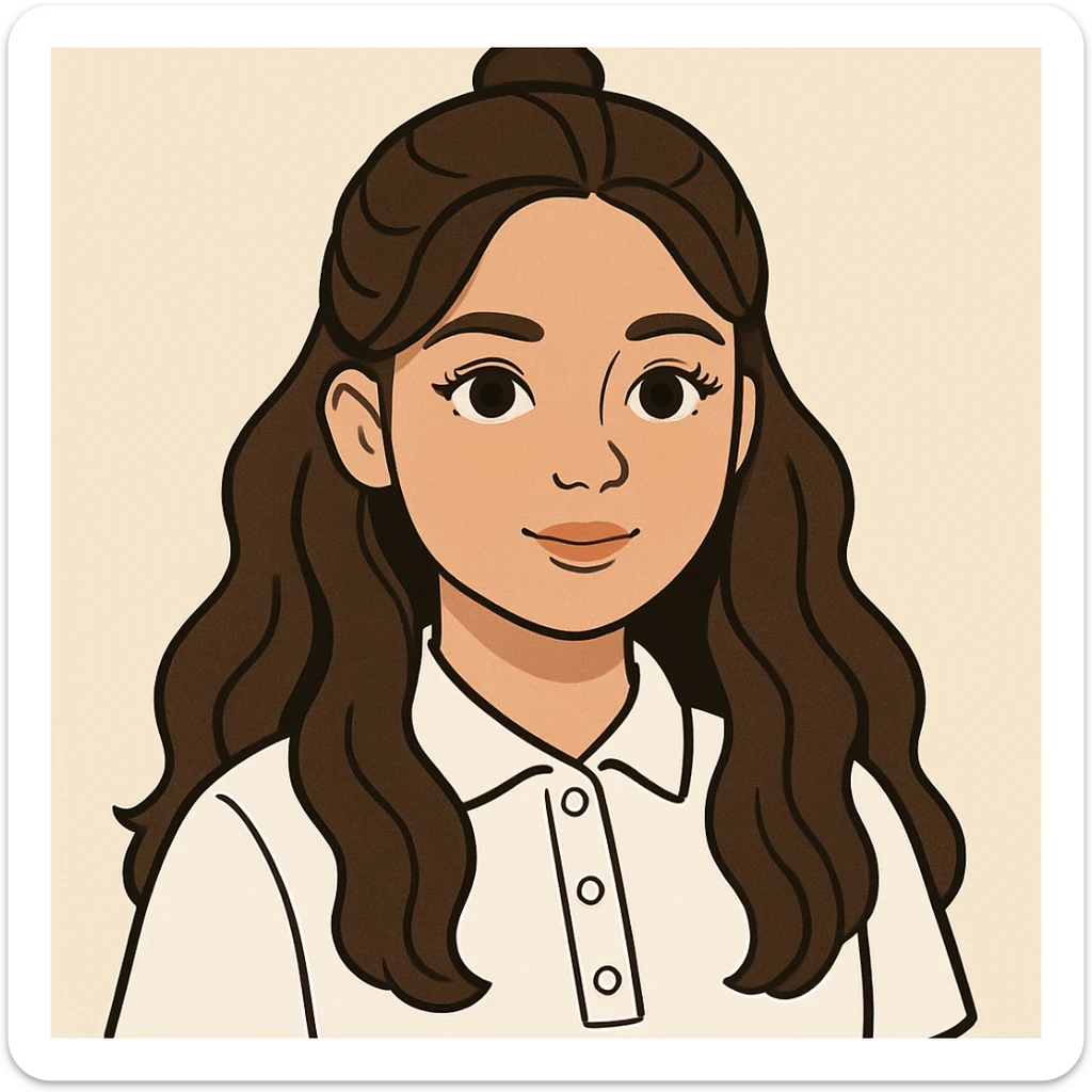 girl with a round face, long wavy brown hair in a half up half down style, brown eyes with long lashes, wearing a white button up polo, clean modern illustration style sticker