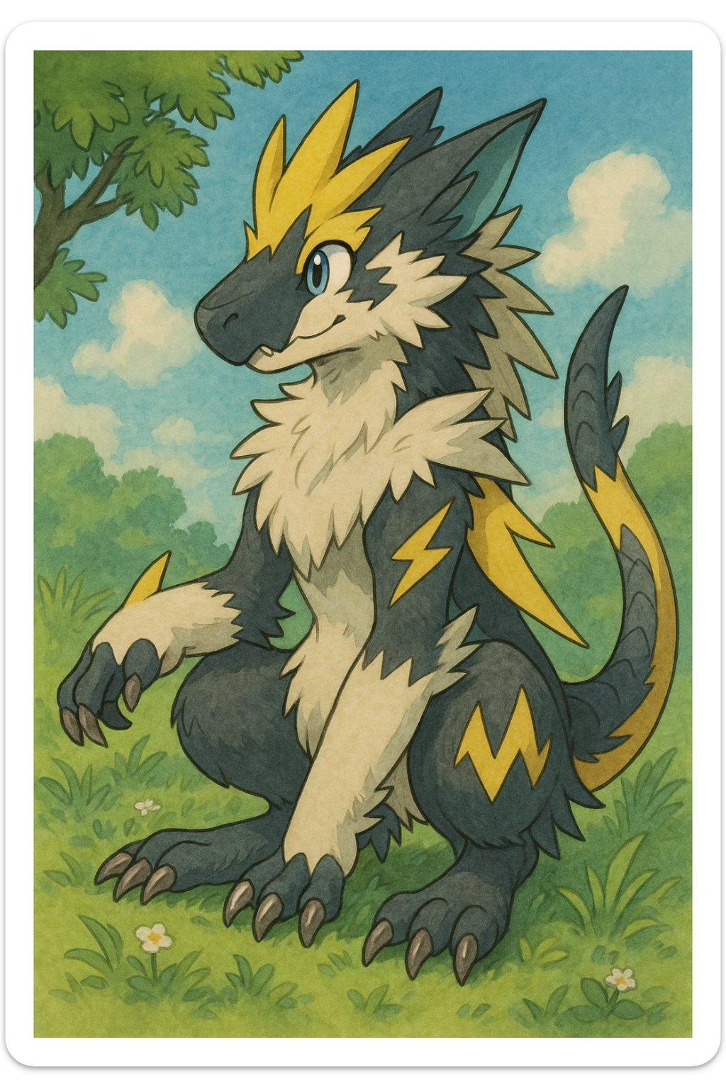 Sergal-Protogen-Trico-Zeraora-Vernid-fusion-hybrid-creature, drawn in a Pokémon/Digimon style sticker