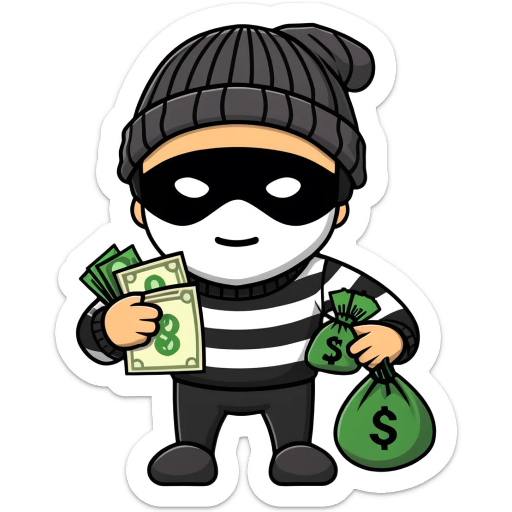 burglar wearing black and white striped shirt, black beanie, black mask over eyes, holding a moneybag sticker