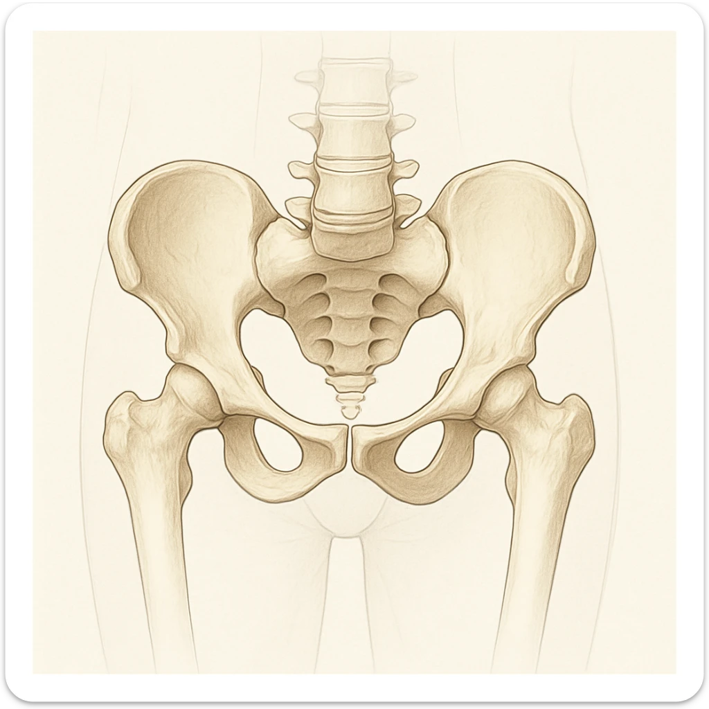 An anatomical illustration of a rotated pelvis in a medical style with a neutral background. The pelvis is highlighted clearly, inspired by the reference image. sticker