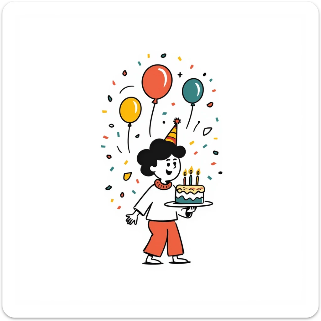 Vibrant, multi-colored illustration of a little boy with a colorful birthday cake, lots of colorful confetti, balloons, and party elements. Below the illustration, in a separate text area, write in very clear, large Persian characters: "امیدرضا جان تولدت مبارک" sticker