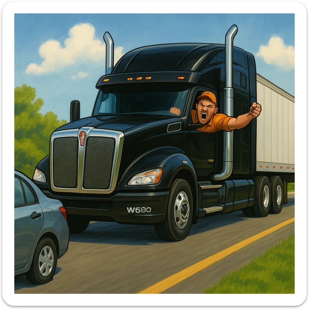 Zoom the scene out so the view is a little farther away, showing more of the road and both vehicles. Keep the black Kenworth W680 semi with chrome stack, angry bald driver in orange shirt and baseball cap, arm out the window, following a car. Scene should remain bright and vibrant. sticker