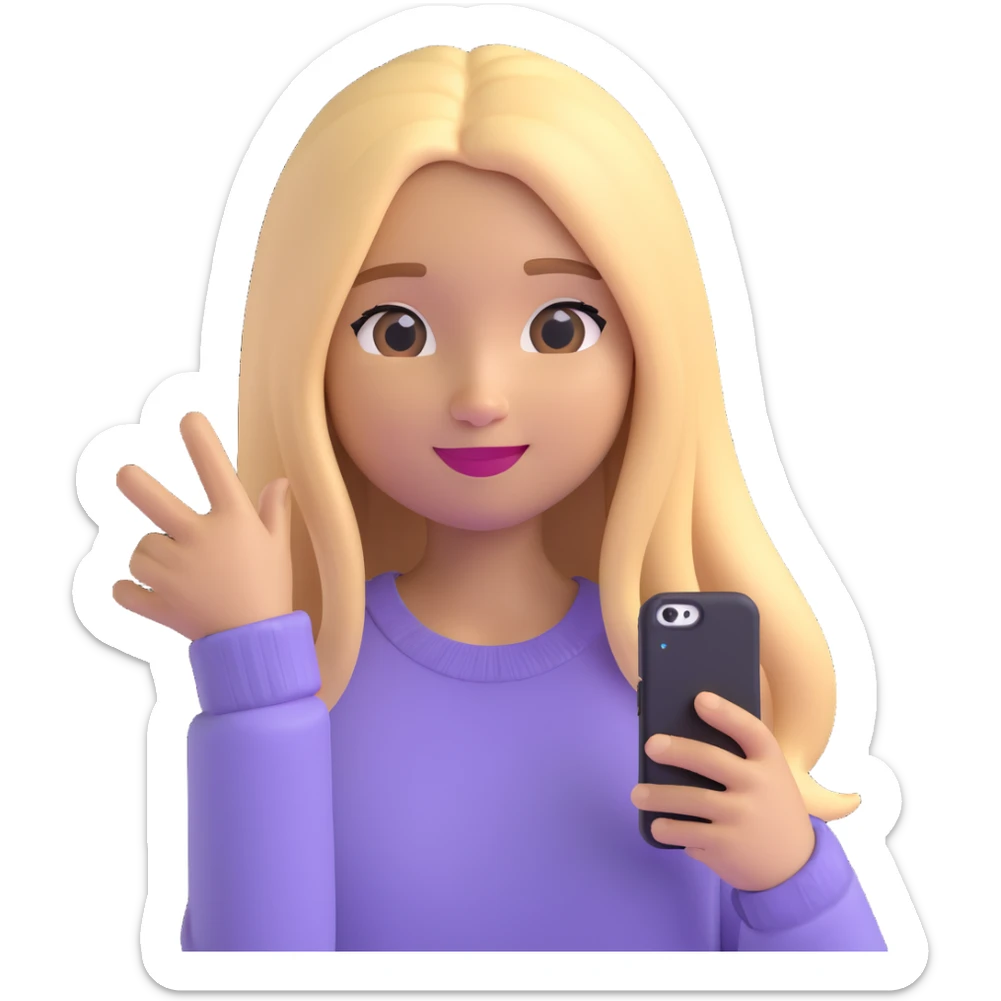 3D emoji style character with long straight blonde hair, light skin, soft expression, wearing a light sweater, selfie pose sticker