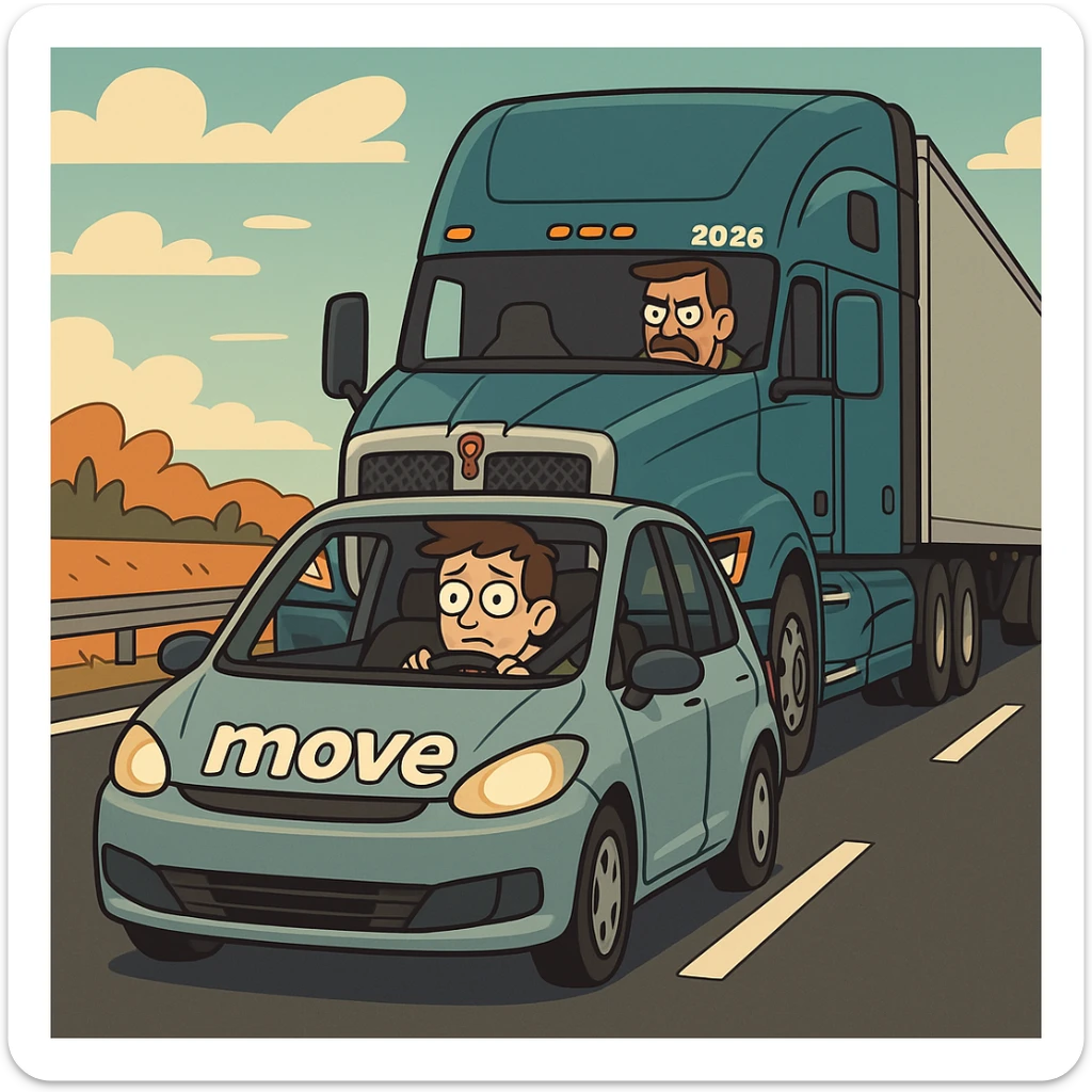 modern semi truck 2026 Kenworth W680 following a car on the highway, the car has 'move' written on it, playful, bold lines, vibrant colors sticker