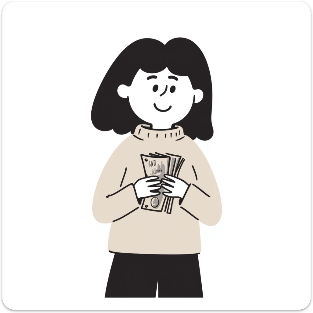 girl with rummy hair in beige sweater happy with money in hands sticker