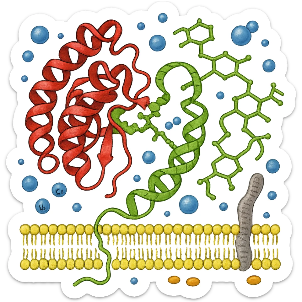 Ultra-realistic scientific illustration of enzymatic starch digestion at the cellular level, rendered in textbook-accurate detail. Show:

Multiple amylase enzyme molecules (red, with clear tertiary structure showing alpha-helices and beta-sheets) actively cleaving
Starch polymers (green amylose/amylopectin with accurate glucose unit linkages - α(1→4) and α(1→6) branches)
Cell membrane segment (yellow phospholipid bilayer with integral proteins and cholesterol molecules)
Reaction environment (blue water molecules, ionic interactions, pH-sensitive groups)
Molecular interactions (hydrogen bonds, substrate-enzyme transition state, electron cloud textures)
Technical Specifications:

Background: Pure white (#FFFFFF)
Accuracy: PDB-level structural correctness (reference 1SMD for amylase)
Exclusions: No labels
Special Details to Include:

Catalytic triad (Asp197, Glu233, Asp300) in amylase active site
Starch helix distortion during hydrolysis
Membrane protein channels for glucose transport sticker