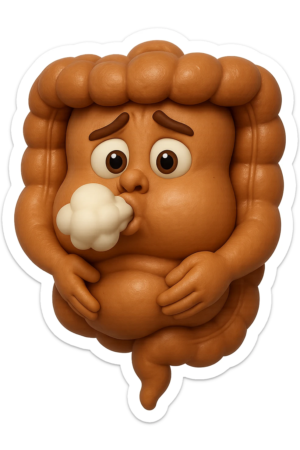emoji stile iphone di un intestino che ingoia una nuvoletta di aria ben visibile e gli si gonfia la pancia, iperrealistico 4k sticker