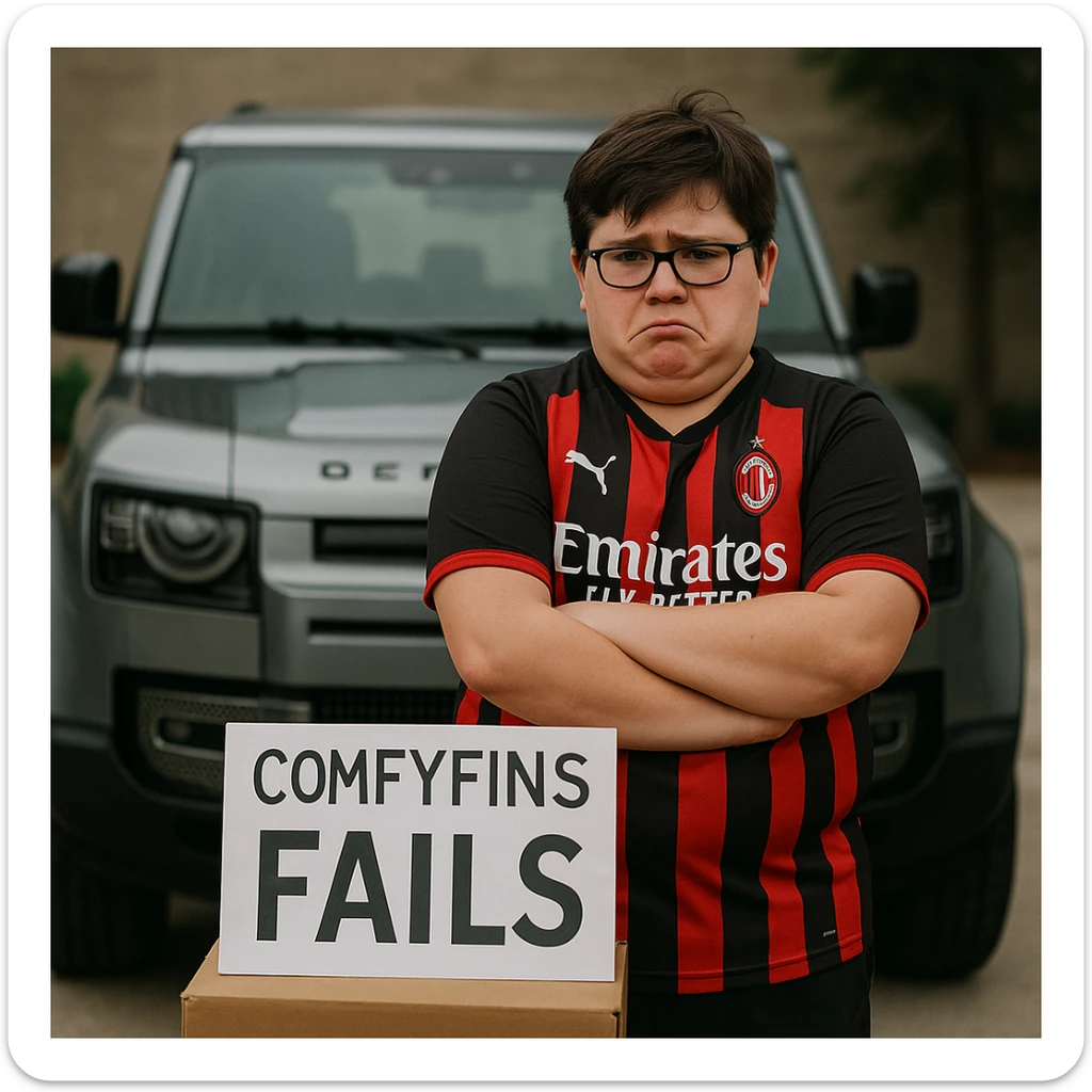 A slightly overweight child entrepreneur with glasses, wearing an AC Milan jersey, standing before a Land Rover Defender, appearing upset as his company 'ComfyFins' fails sticker