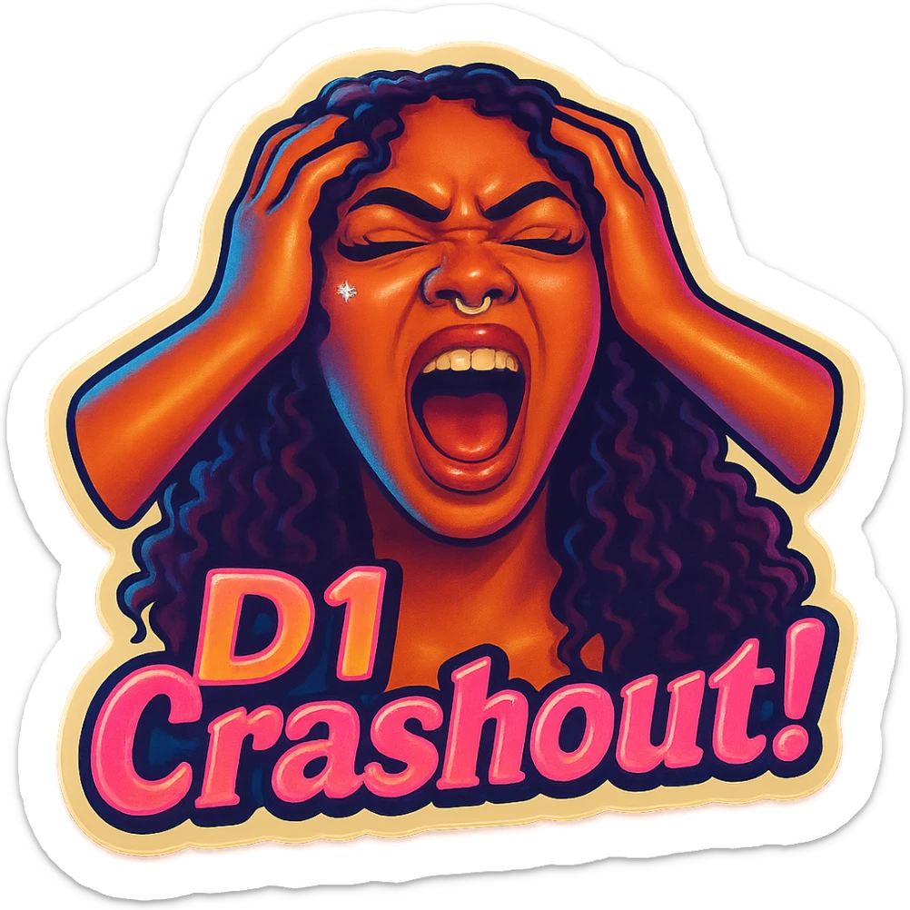 Shout eyes closed
Holding head 
add the wordsD1 Crashout!  in pink  sticker
