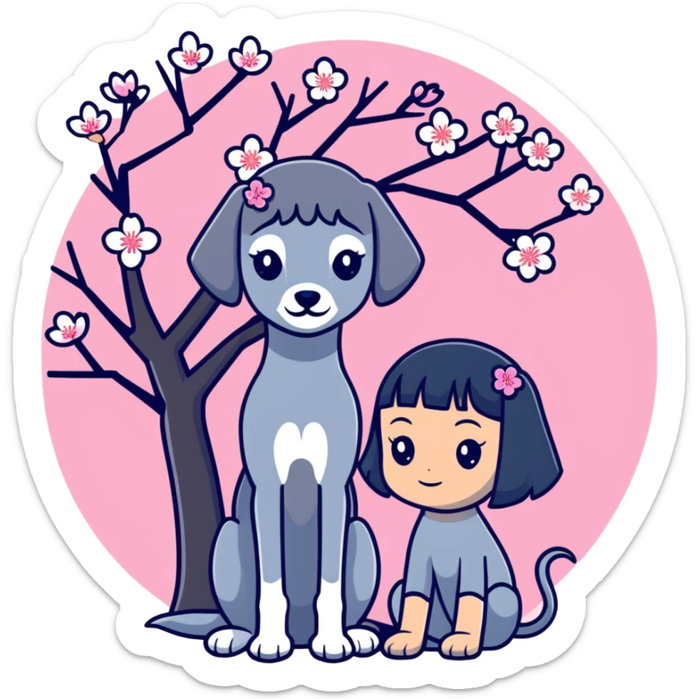A young Chinese girl with long black hair and a pure dark grey Italian Greyhound with absolutely NO white markings anywhere on its body sitting under a cherry blossom tree. The dog must be completely solid dark grey with no white on muzzle, paws, or chest. sticker