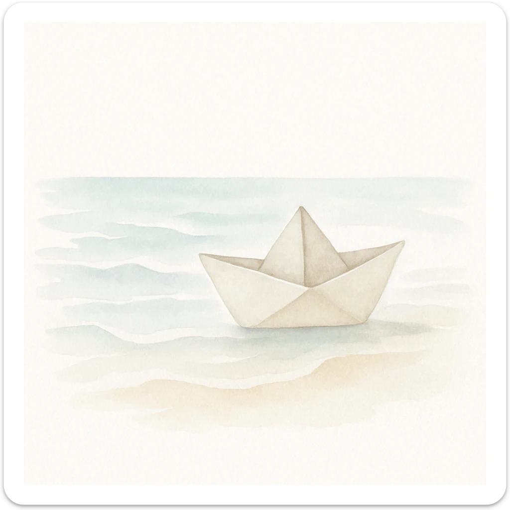 Un papirolo (barco de papel) en la orilla del mar, estilo acuarela, colores frescos, textura de papel visible, olas y arena con pinceladas sueltas. sticker