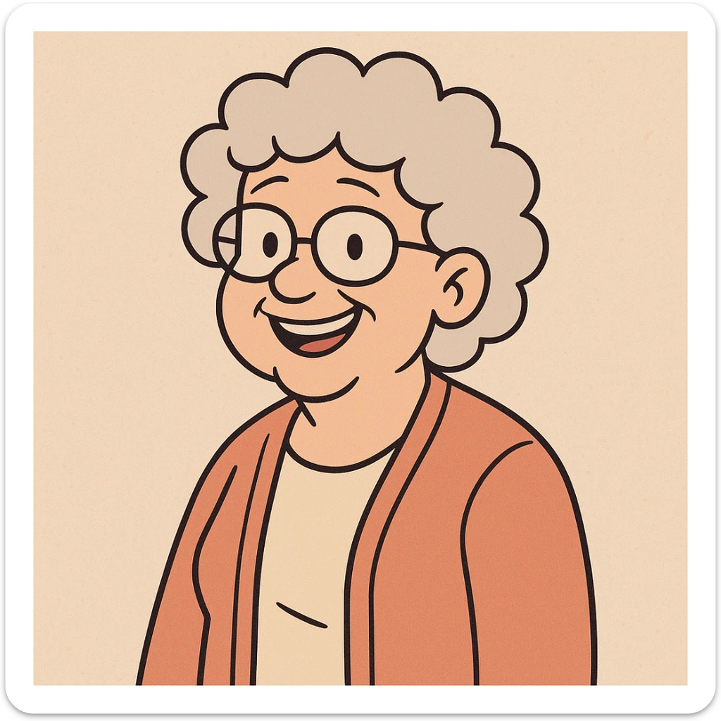 senior woman with glasses, smiling, curly hair, flat toon style sticker
