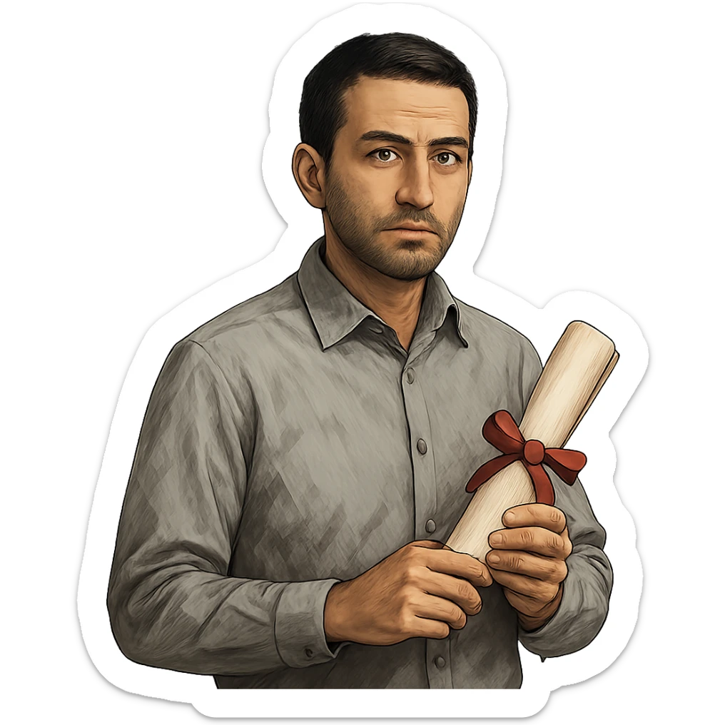 Mediterranean male academic, olive skin, short dark hair, wearing a button-up shirt, holding a diploma, looking intellectual sticker