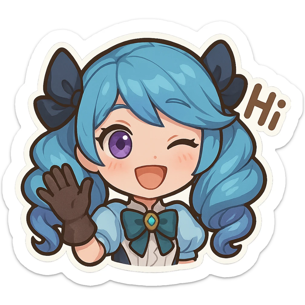 Gwen from League of Legends, chibi style, only head, right eye purple, one hand waving with glove, hi emote, big smile, no text sticker