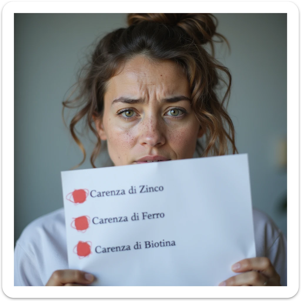 hyperrealistic 4K detailed image of a woman with PCOS, face with acne and chin hair, thin and thinning hair, holding a medical report with clearly visible red highlighted texts 'Carenza di Zinco', 'Carenza di Ferro', 'Carenza di Biotina', worried expression, clinical environment sticker