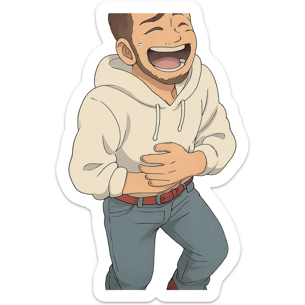 1 male, mid fade haircut dark chestnut brown curly hair, toasted lightskin, white hoodie sleeves up, fashion jeans, red fashion-sneakers shoes, red belt, short trimmed beard and goatee,  style of deku from "my hero academia", laaughing to the point of tears sticker