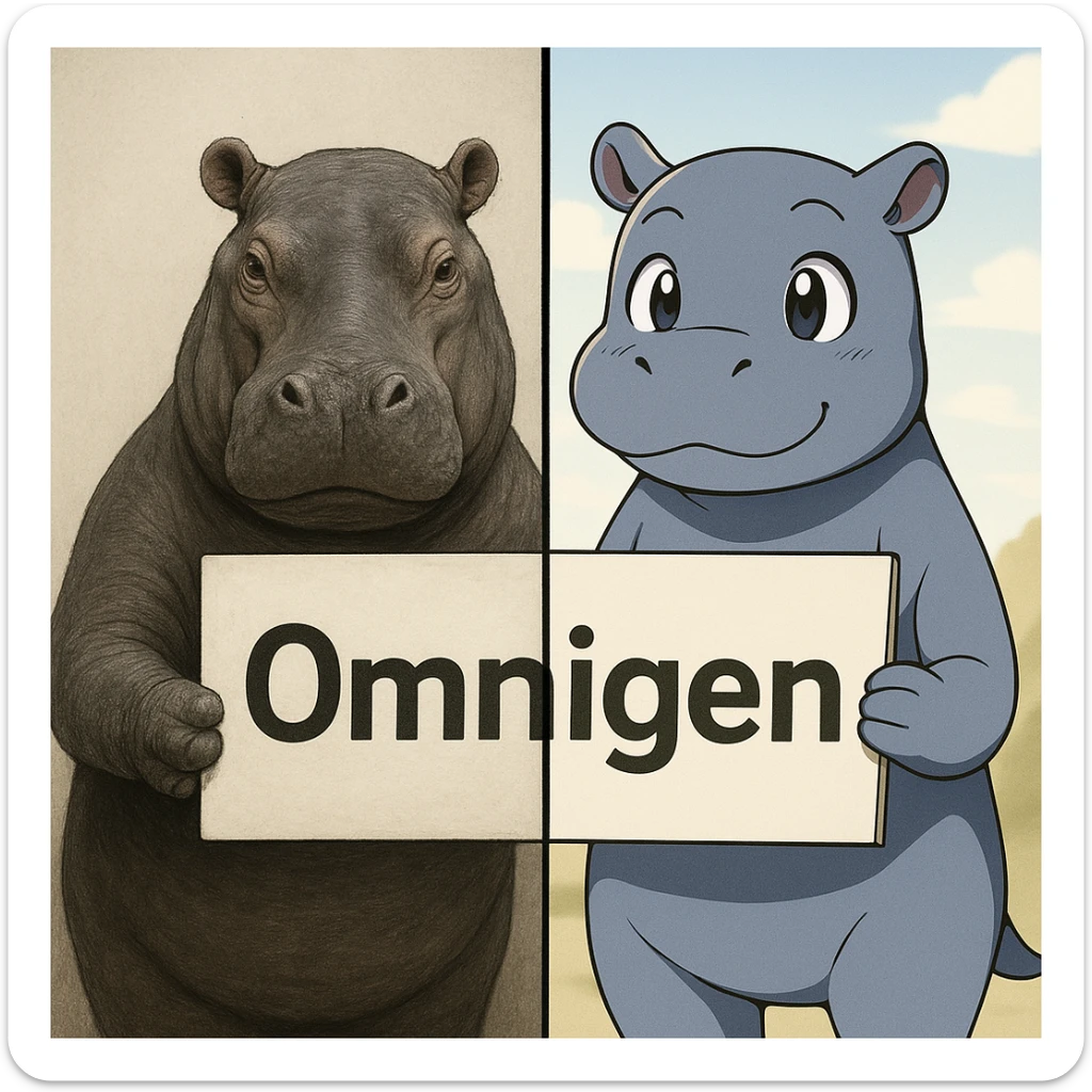 two hippo holding sign of omnigen, half picture 1 hippo is realistic another half is the anime of that same second hippo sticker