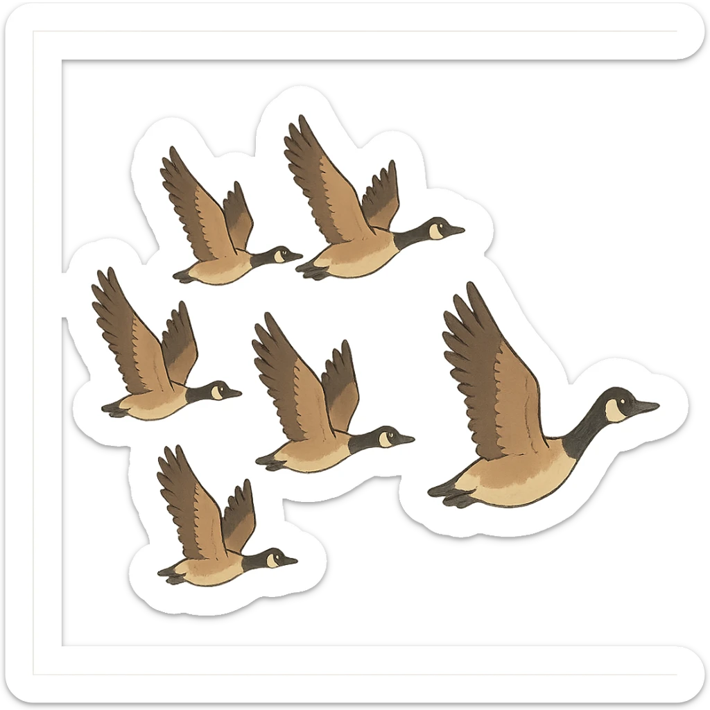 ghibli style small Canadian geese flying in a classic V formation, lead goose at the right, easily identifiable as Canadian geese, for encouragement sticker