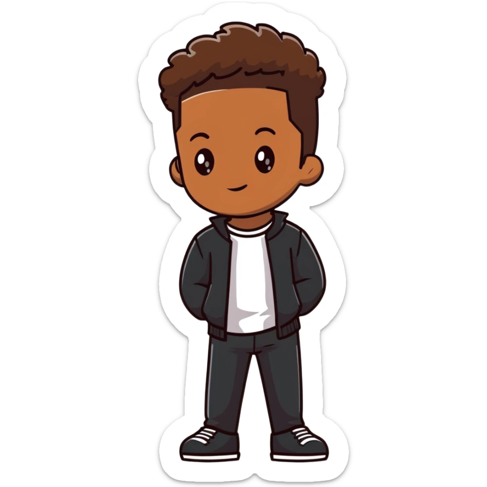 personaje con piel marrón, pelo peinado para el lado, ropa negra, pantalones un poco bajados sticker