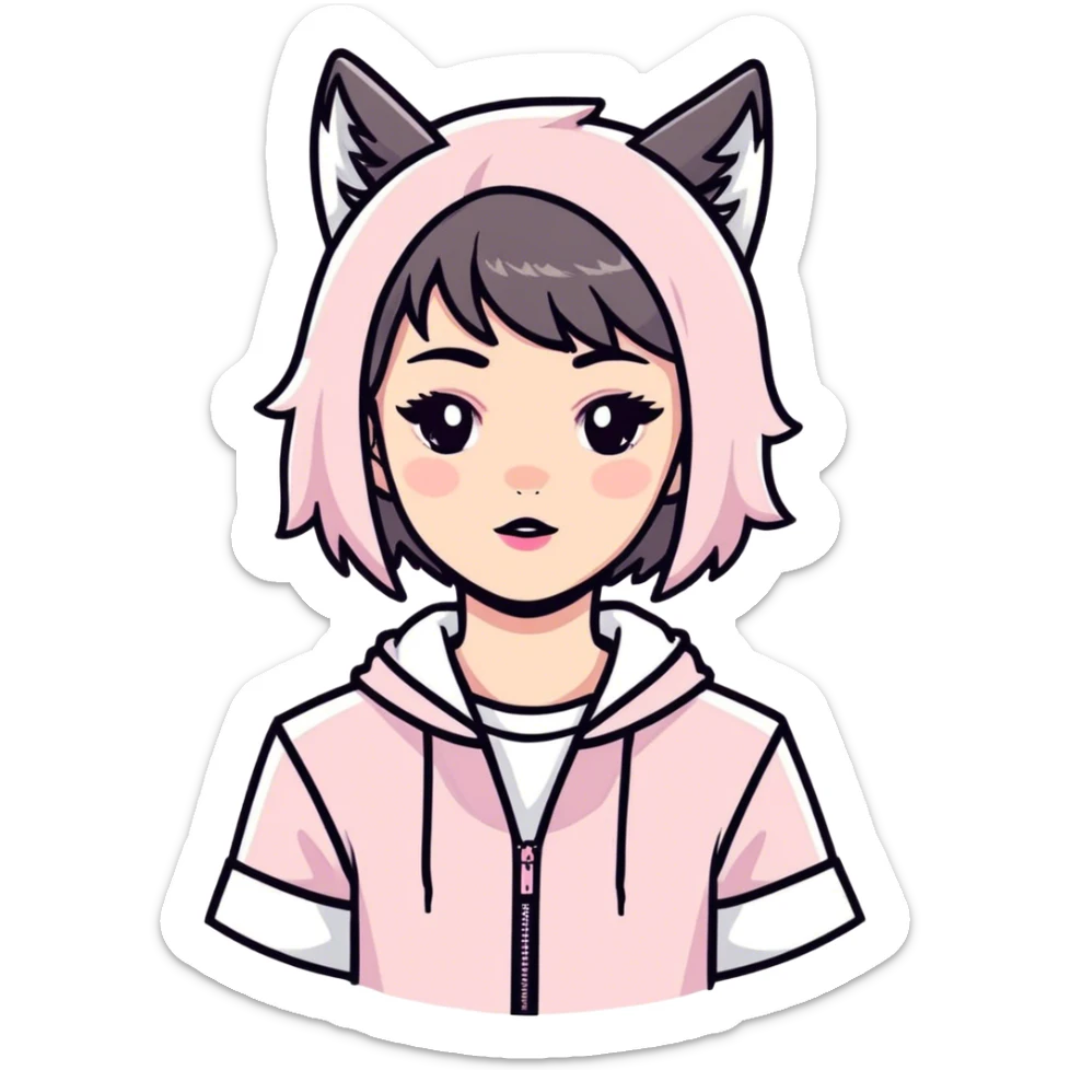 An Asian teenager with makeup and long hair, wolf haircut and wearing cute light pink and white clothes  sticker